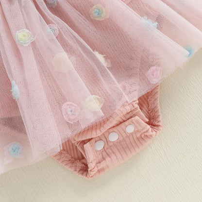 Hnyenmcko Newborn Baby Girl Summer Romper Dress Infant Fly Sleeve Flower Embroidery Mesh Tulle Skirt Hem Ribbed Bodysuit