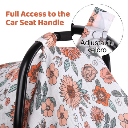 Rquite Car Seat Cover, Muslin Cotton Infant Car Seat Canopy, Breathable Baby Carrier Cover, Summer Stroller Sun Shade, Flower