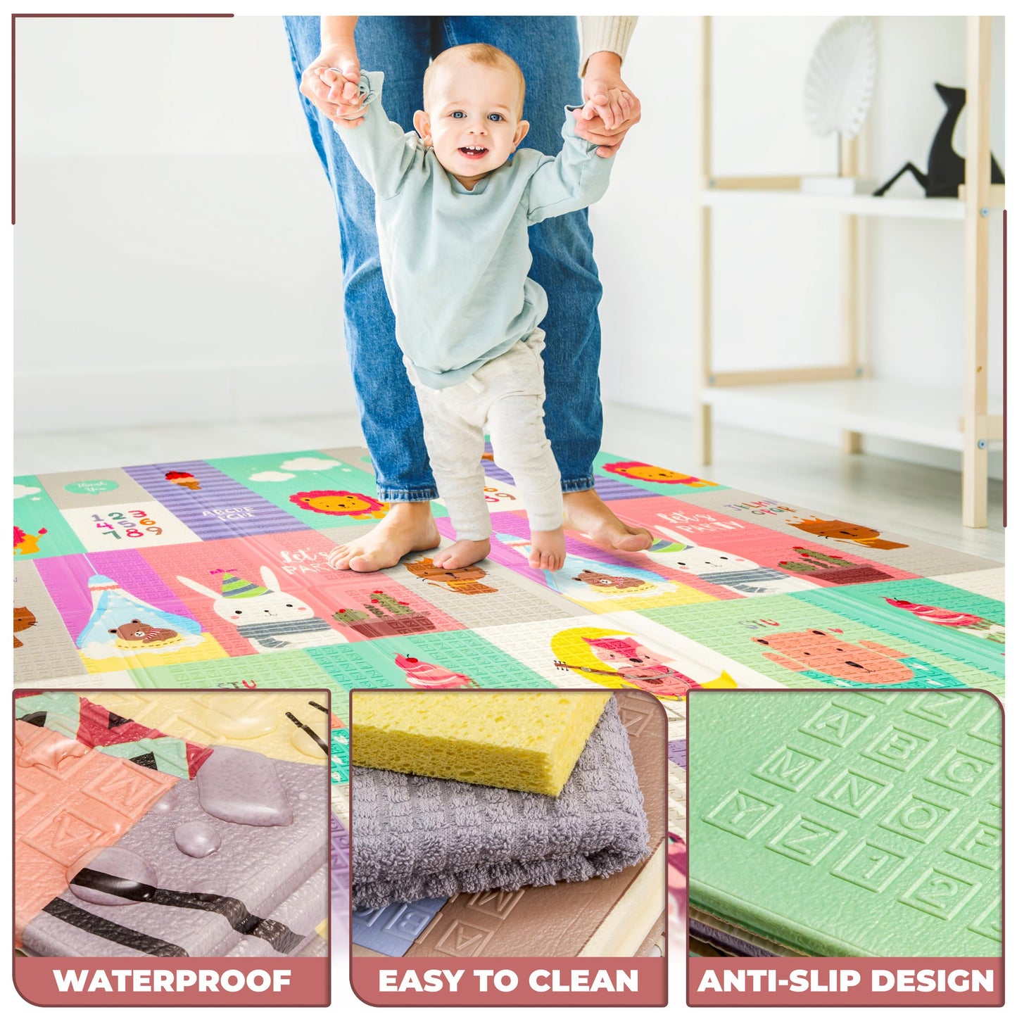 Sorbus Foldable Baby Play Mat, Kids Foam Mats for Floor with Travel Bag - Waterproof Foldable Play Mats for Babies, Infants, Toddlers, and Kids Playtime & Tummy Time 78x70x0.4 (Safari Party)