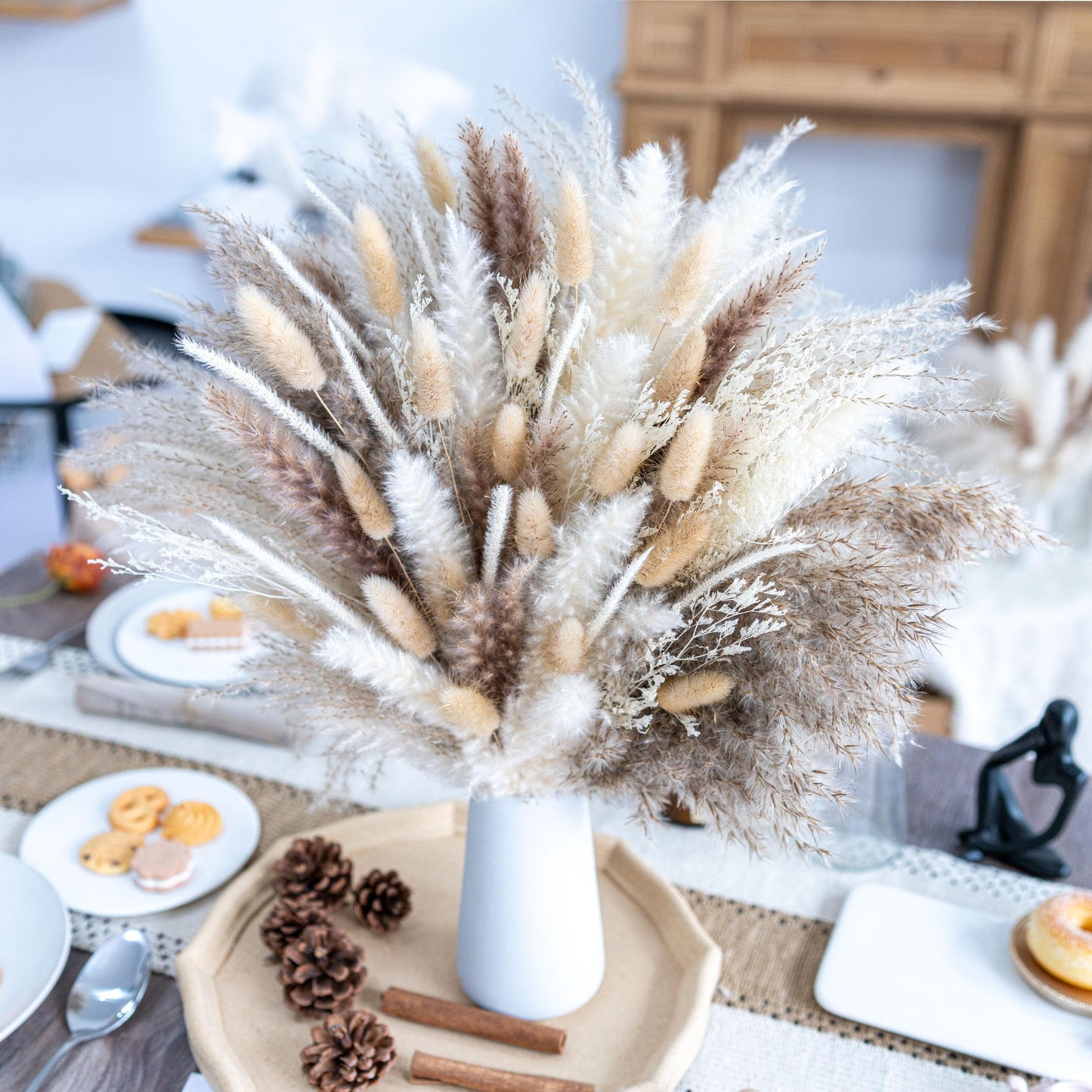 95 PCS Natural Pampas Grass Decor Bouquet | Boho Dried Floral Arrangement Centerpiece Table Decor Wedding Decor Rustic Decor, Natural, white, beige (Fdm-b-01)