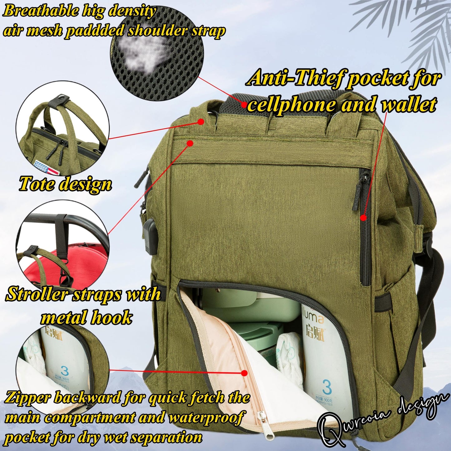 Diaper Bag Backpack for Dad and Mom with USB Charging Port Stroller Straps and Insulated Pocket,army military Travel Nappy Backpack for Daddy/Mommy (Black)