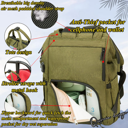 Diaper Bag Backpack for Dad and Mom with USB Charging Port Stroller Straps and Insulated Pocket,army military Travel Nappy Backpack for Daddy/Mommy (Black)
