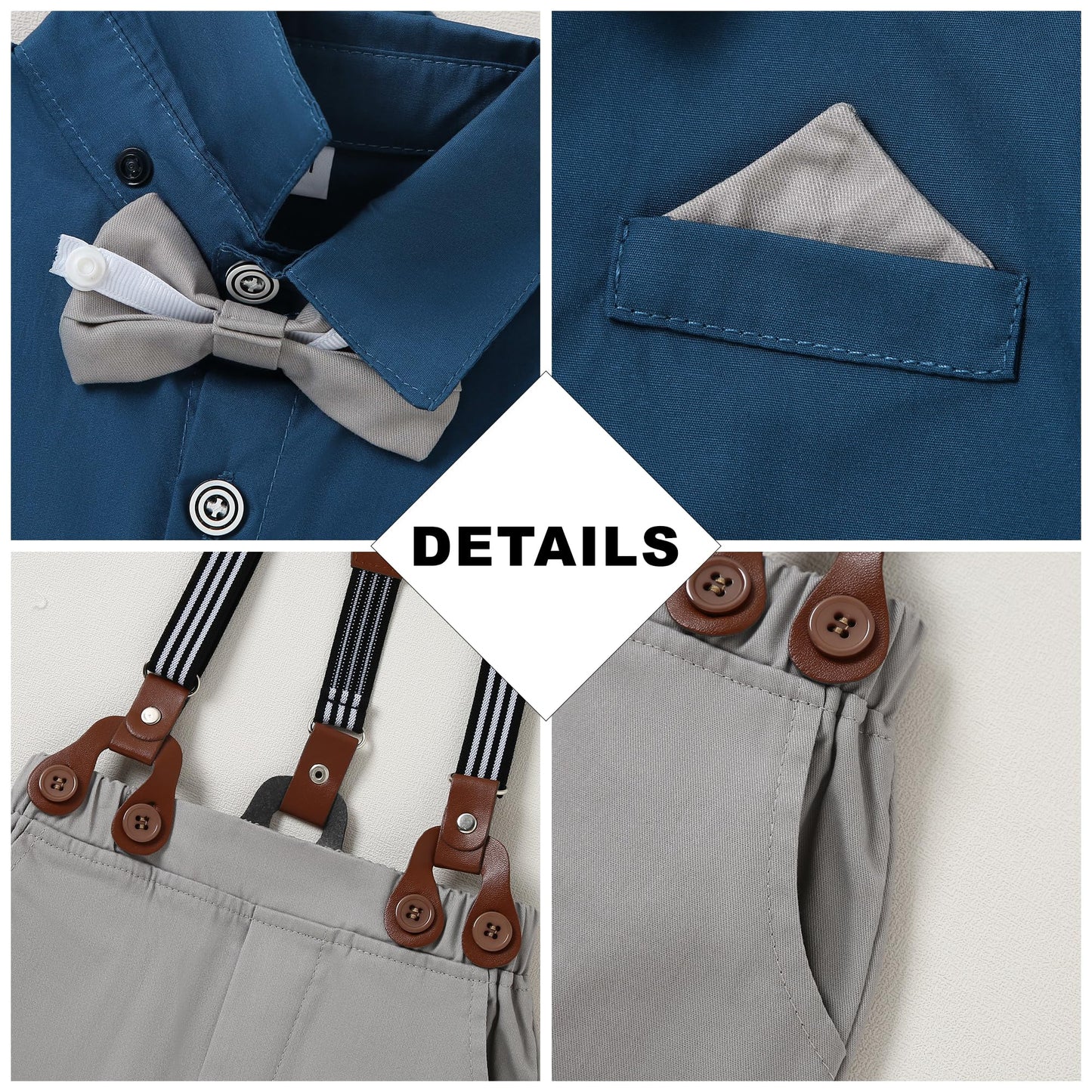 CARETOO Toddler Boy Clothes Suit Gentleman Wedding Outfits Kids Formal Dress Shirt Bowtie Long Suspender Pants Overalls 1-5T