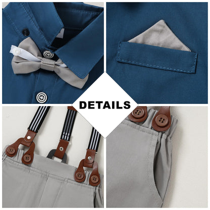 CARETOO Toddler Boy Clothes Suit Gentleman Wedding Outfits Kids Formal Dress Shirt Bowtie Long Suspender Pants Overalls 1-5T