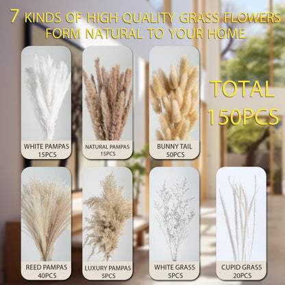 95 PCS Natural Pampas Grass Decor Bouquet | Boho Dried Floral Arrangement Centerpiece Table Decor Wedding Decor Rustic Decor, Natural, white, beige (Fdm-b-01)