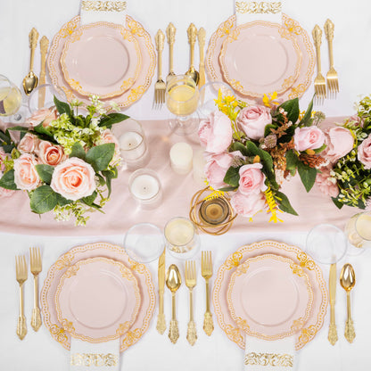 Ciaell 175 PCS White and Gold Plastic Plates - Fancy Gold Disposable Dinnerware Set with of 25 Dinner Plates, 25 Salad Plates, 25 Knives, 25 Forks, 25 Spoons, 25 Cups, 25 Napkins for Weddings Party