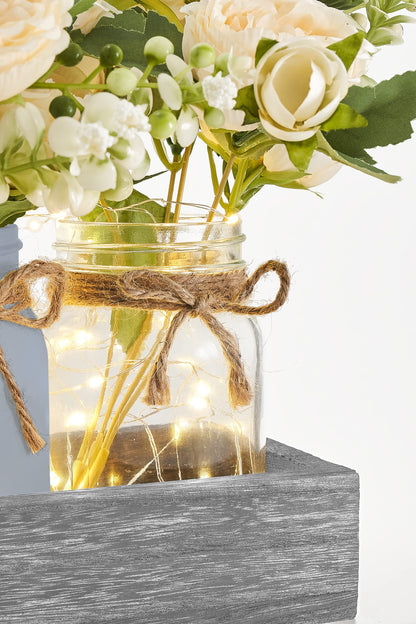 Mkono Mason Jar Lights Centerpiece Table Decor for Dining Room Farmhouse Wood Tray with 3 Jars Flowers Summer Decoration for Coffee Table Kitchen Living Room Wedding