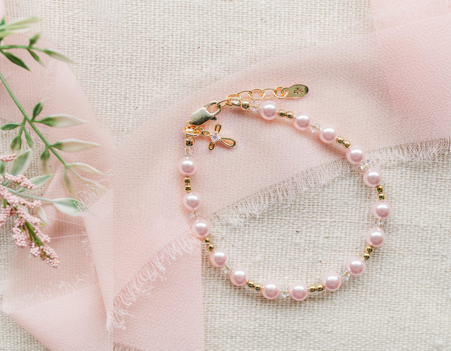 Cherished Moments Children's 14K Gold-plated Bracelet with Pink High-End Simulated Pearls and Cross or Heart Charm for Baptism, Christening or First Communion Gift for Girls