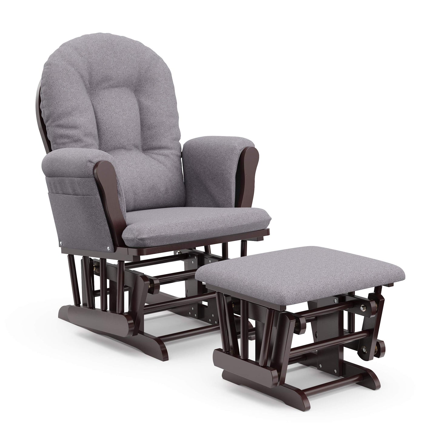 Storkcraft Premium Hoop Glider and Ottoman (Espresso Base, Gray Cushion) – Padded Cushions with Storage Pocket, Smooth Rocking Motion, Easy to Assemble, Solid Hardwood Base