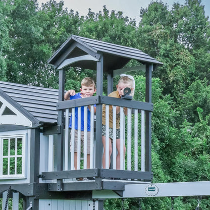 Backyard Discovery Whispering Point Light Gray Cedar Wood Swing Set with Wave Slide, Clubhouse, Crows Nest, Play Kitchen, Belt Swings, Web Swing, Rock Wall, Playhouse, Ladder, Windows, Outdoor Playset