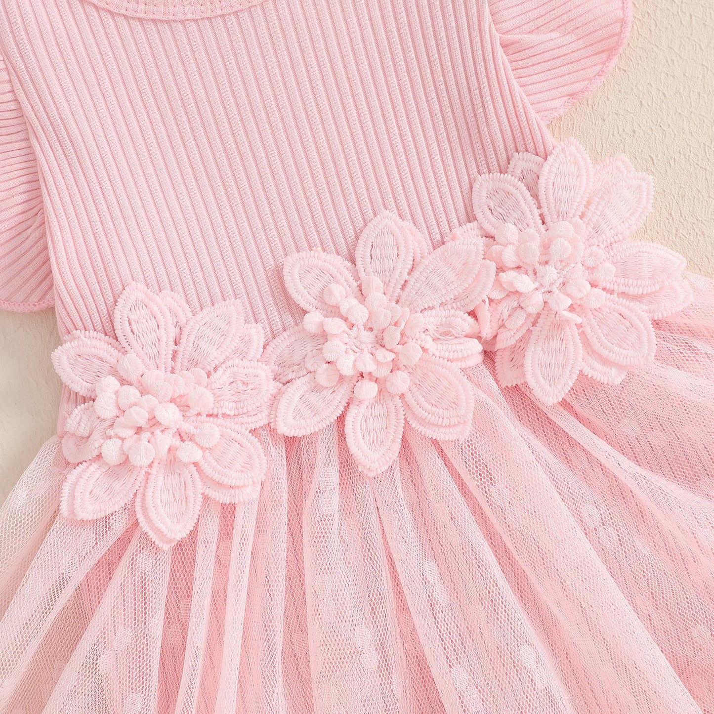 Hnyenmcko Newborn Baby Girl Summer Romper Dress Infant Fly Sleeve Flower Embroidery Mesh Tulle Skirt Hem Ribbed Bodysuit
