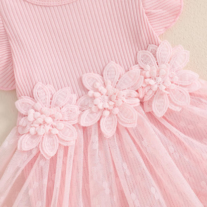 Hnyenmcko Newborn Baby Girl Summer Romper Dress Infant Fly Sleeve Flower Embroidery Mesh Tulle Skirt Hem Ribbed Bodysuit