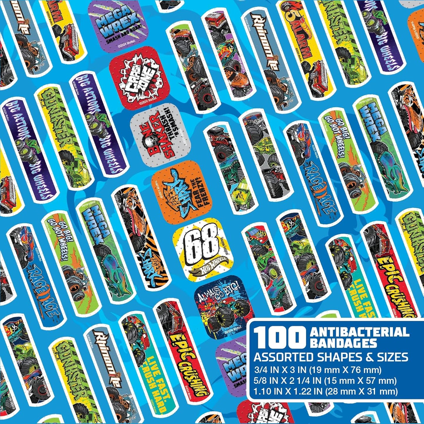Hot Wheels Monster Trucks Antibacterial Kids Bandages, 3 Assorted Sizes 100 CT | Wear Like Stickers, Flexible Adhesive Bandages for Minor Cuts, Scrapes, and Burns. Great Gift idea for Kids