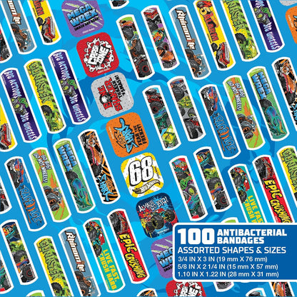 Hot Wheels Monster Trucks Antibacterial Kids Bandages, 3 Assorted Sizes 100 CT | Wear Like Stickers, Flexible Adhesive Bandages for Minor Cuts, Scrapes, and Burns. Great Gift idea for Kids