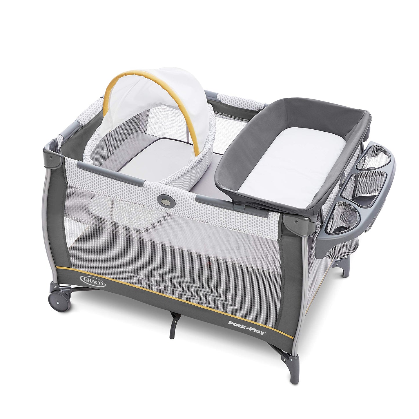 Graco On The Go Zip Pack ‘n Play Playard, Folding Playpen with Bassinet, Portable Crib, Reeves