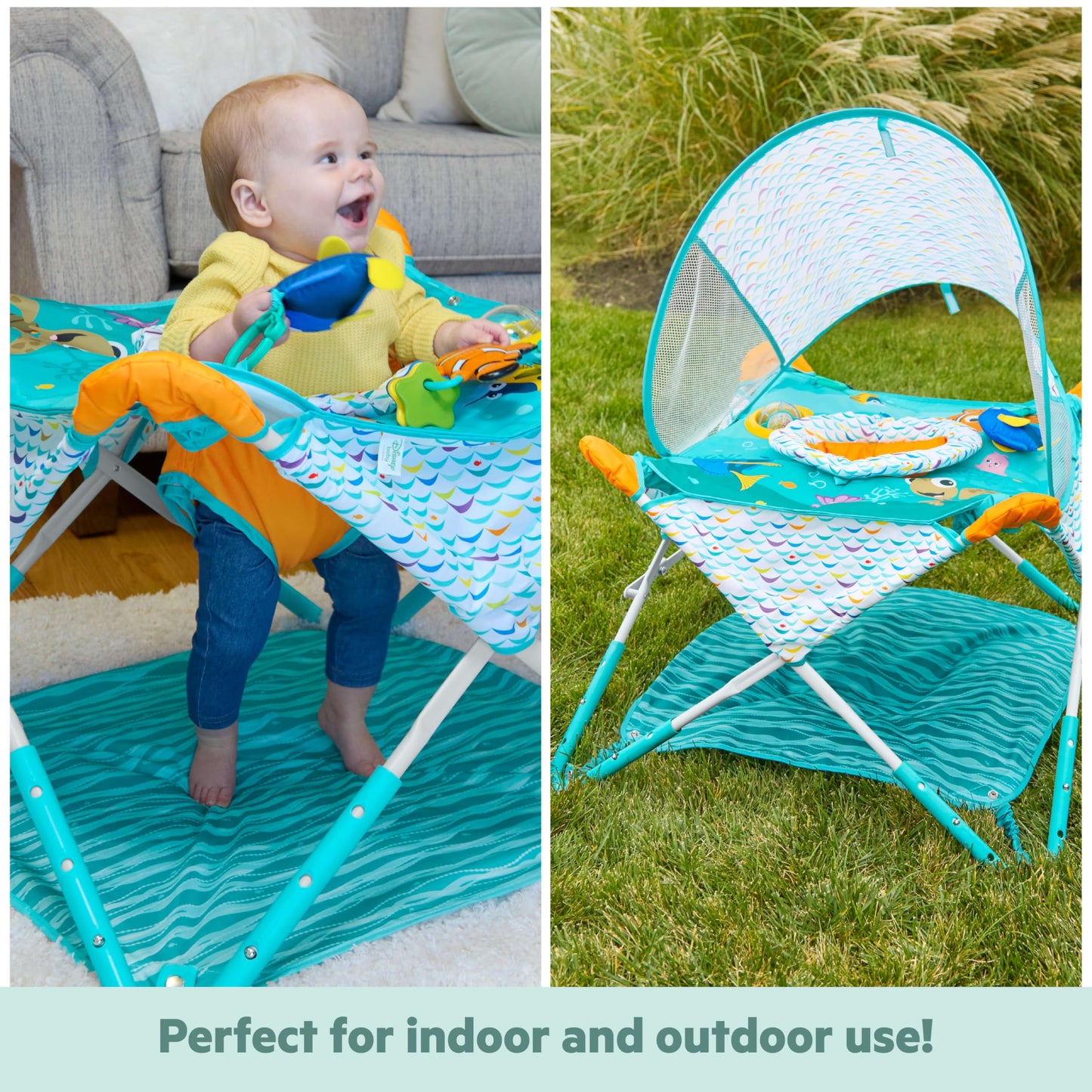 Bright Starts Pop 'N Jump Portable Activity Jumper, Indoor/Outdoor Use, Owl Forest with 4 Sensory Toys, Ages 6-12 Months