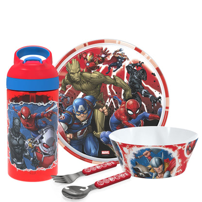 Zak Designs 5-Piece Dinnerware Set, Baby Shark - Durable Plastic & Stainless Steel - Includes Water Bottle, 8-Inch Plate, 6-Inch Bowl, Fork & Spoon - Suitable for Kids Ages 3+