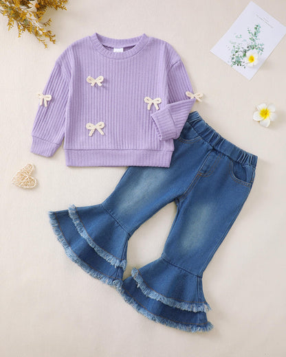 Renotemy Toddler Baby Girl Clothes Fall Winter Outfit, Bow Sweatshirt Denim Bell Bottom Jeans Outfits for 1-5 Year Girls