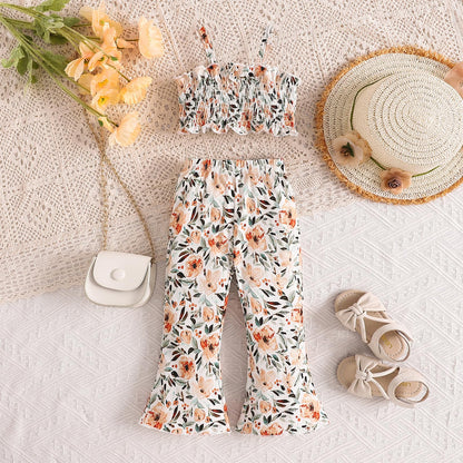 Toddler Baby Girl Boho Outfits Floral Ruffle Rib Sleeveless Halter Tops Bell Bottom 2Pcs Kids Summer Clothes Set
