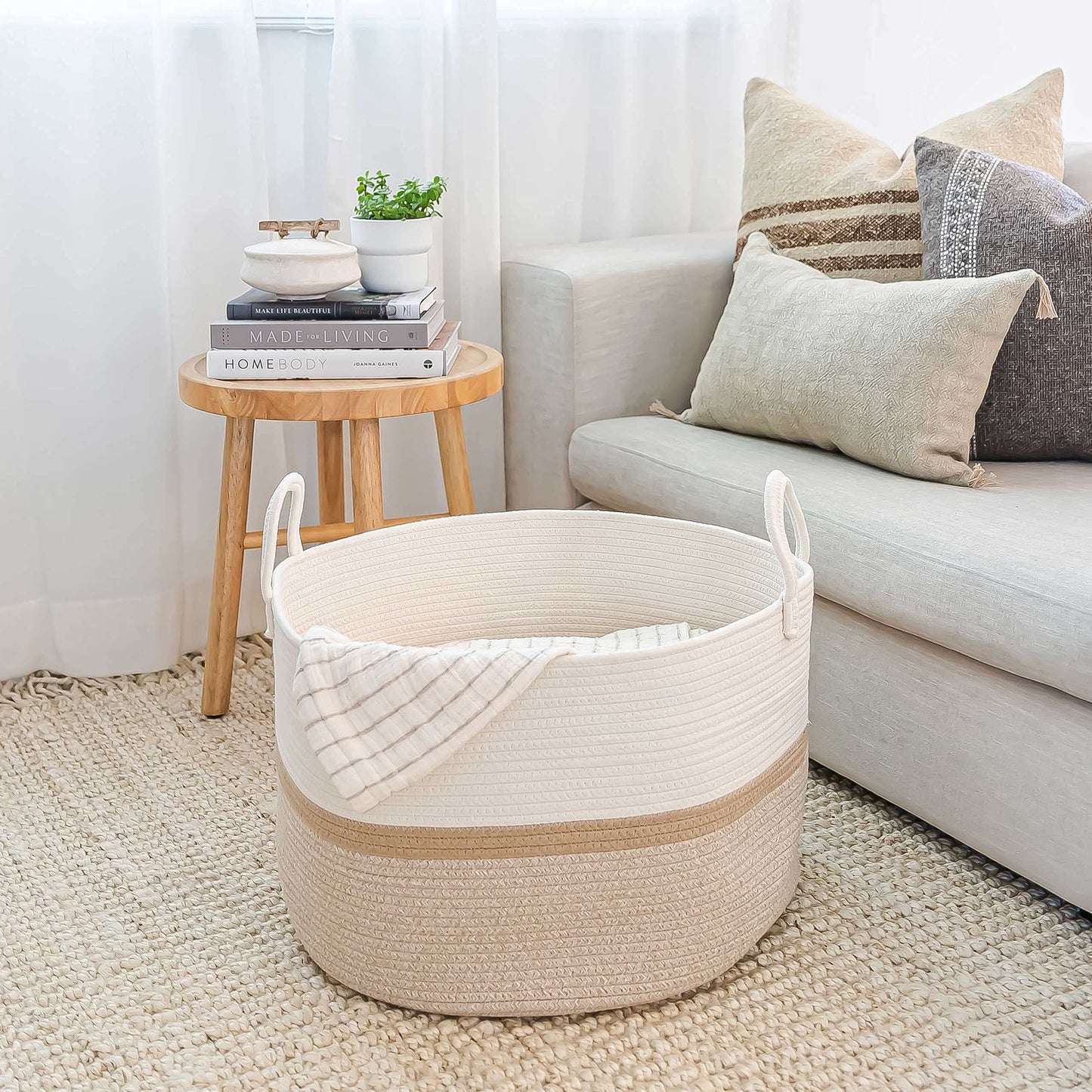 OrganiHaus Large Blanket Basket for Living Room 20x13, Rainbow Rope Basket for Classroom Organization, Toy Storage Basket, Woven Kids Laundry Basket, Baby Toy Box, Cute Storage Basket, Nursery Hamper