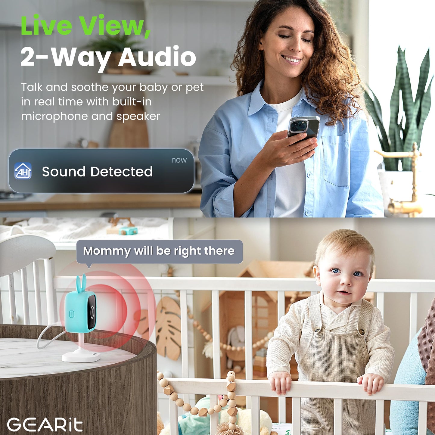 GEARit Baby Monitor with Camera & Audio 2K Video with Motion & Crying Detection, 2 Way Audio Easy WiFi Setup, Remote Monitoring - Easy to Set Crib Monitor with Adjustable Stand