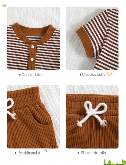 Baby Boy Outfits Ribbed Short Sleeve Striped Romper Top Solid Shorts with Pocket Baby Boy Summer Clothes 0-18M