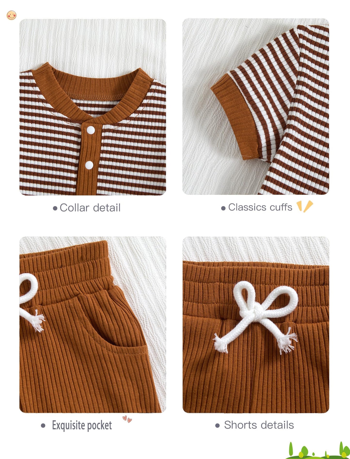 Baby Boy Outfits Ribbed Short Sleeve Striped Romper Top Solid Shorts with Pocket Baby Boy Summer Clothes 0-18M