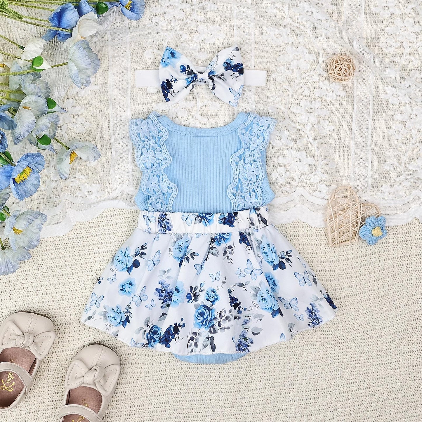 Baby Girl Clothes Newborn Romper Dress Infant Lace Ruffle Sleeveless Summer Outfits with Headband 0-12 Months