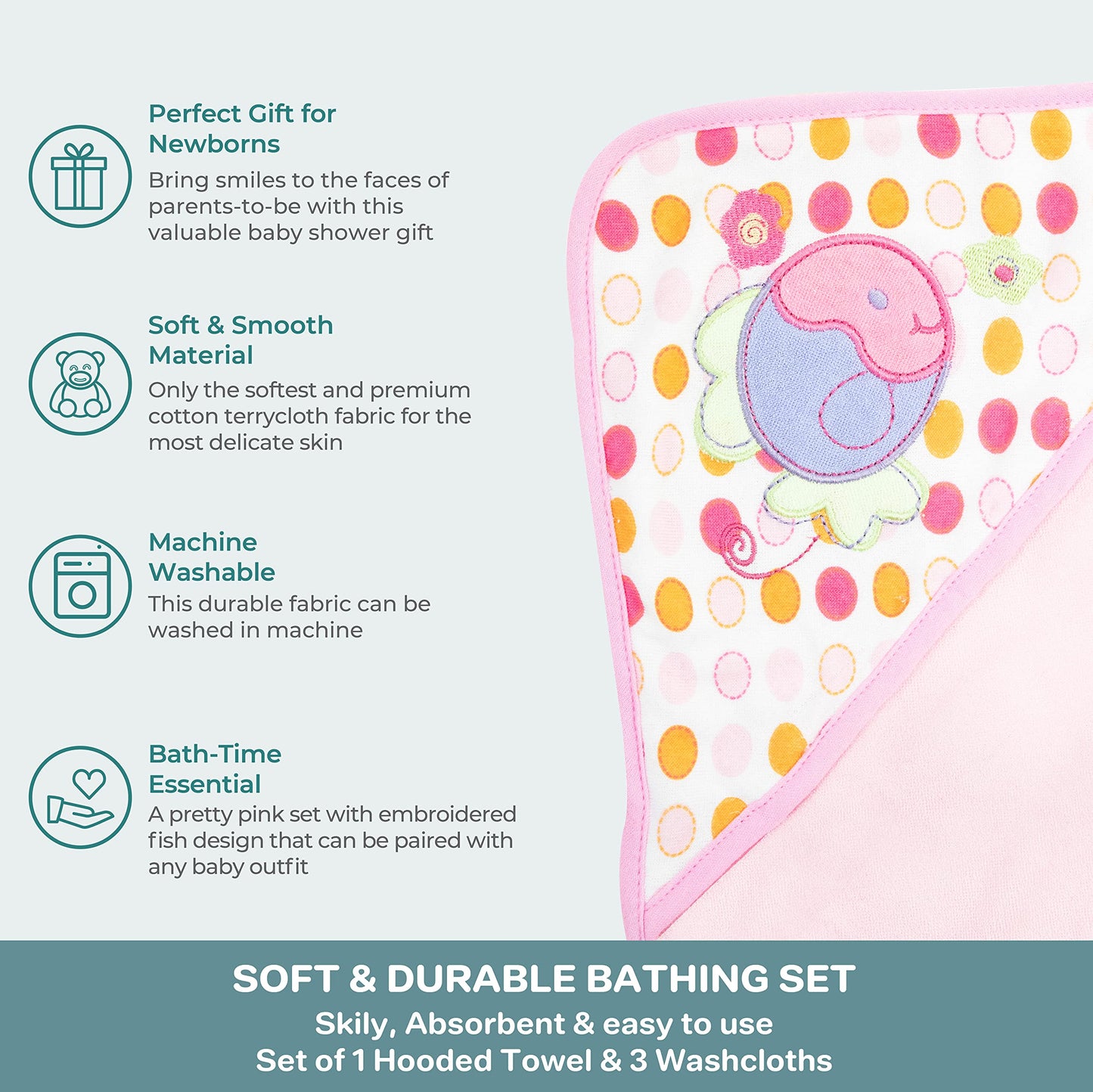 Spasilk Baby Bath Hooded Terry Towel with 3 Washcloths, Baby Bath Essentials, One Size, Blue Whale
