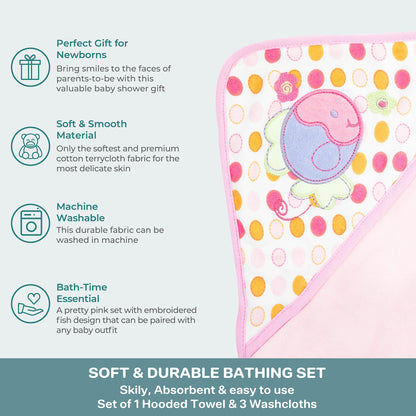 Spasilk Baby Bath Hooded Terry Towel with 3 Washcloths, Baby Bath Essentials, One Size, Blue Whale