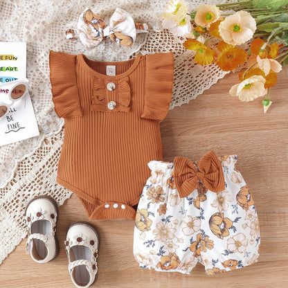Newborn Baby Girl Clothes Outfits Ruffle Romper and Short Pant Sets with Headband Infant Bodysuits