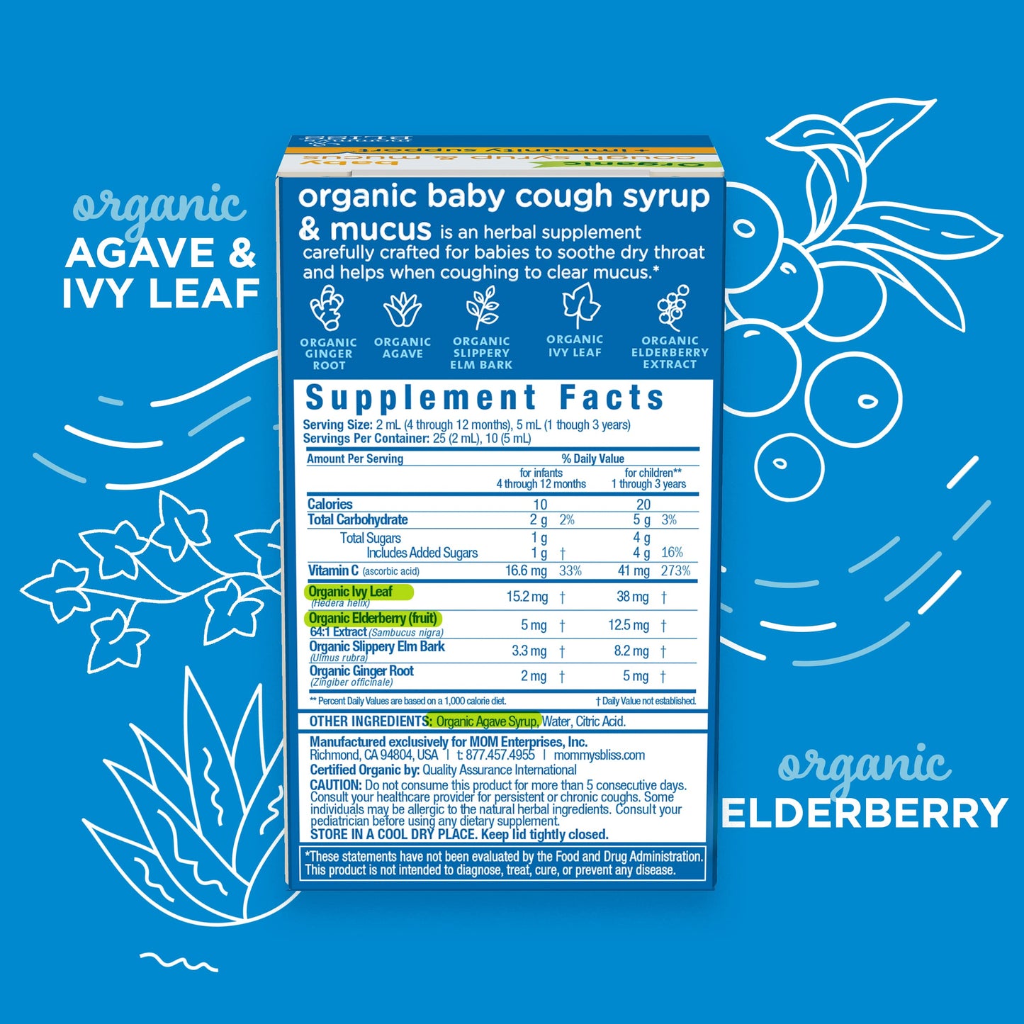Mommy's Bliss Organic Baby Cough Syrup and Mucus + Immunity Support, Contains Organic Agave and Ivy Leaf, Made for Babies 4 month+, 1.67 Fluid Ounces