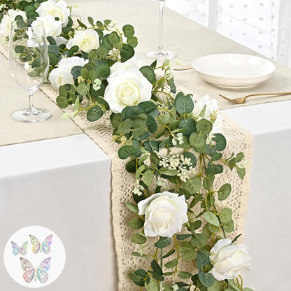 Yastouay 6.4 Ft Fuller Artificial Eucalyptus Garland with Champagne Flowers Fake Rose Vine for Table Centerpiece Wedding Baby Shower Party Room Backdrop Decor