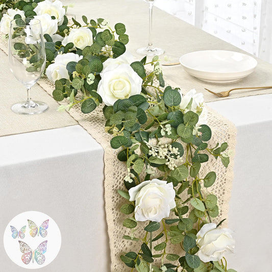 Yastouay 6.4 Ft Fuller Artificial Eucalyptus Garland with Champagne Flowers Fake Rose Vine for Table Centerpiece Wedding Baby Shower Party Room Backdrop Decor