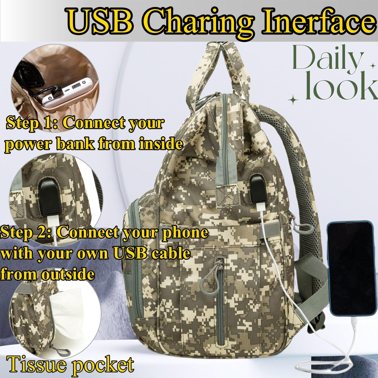 Diaper Bag Backpack for Dad and Mom with USB Charging Port Stroller Straps and Insulated Pocket,army military Travel Nappy Backpack for Daddy/Mommy (Black)