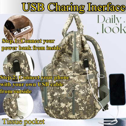 Diaper Bag Backpack for Dad and Mom with USB Charging Port Stroller Straps and Insulated Pocket,army military Travel Nappy Backpack for Daddy/Mommy (Black)
