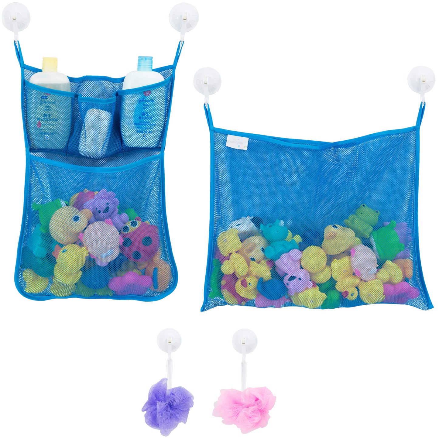 2 x Mesh Bath Toy Organizer + 8 Ultra Strong Hooks – The Perfect Bathtub Toy Holder & Bathroom or Shower Caddy – These Multi-use Net Bags Make Baby Bath Toy Storage Easy – For Kids & Toddlers