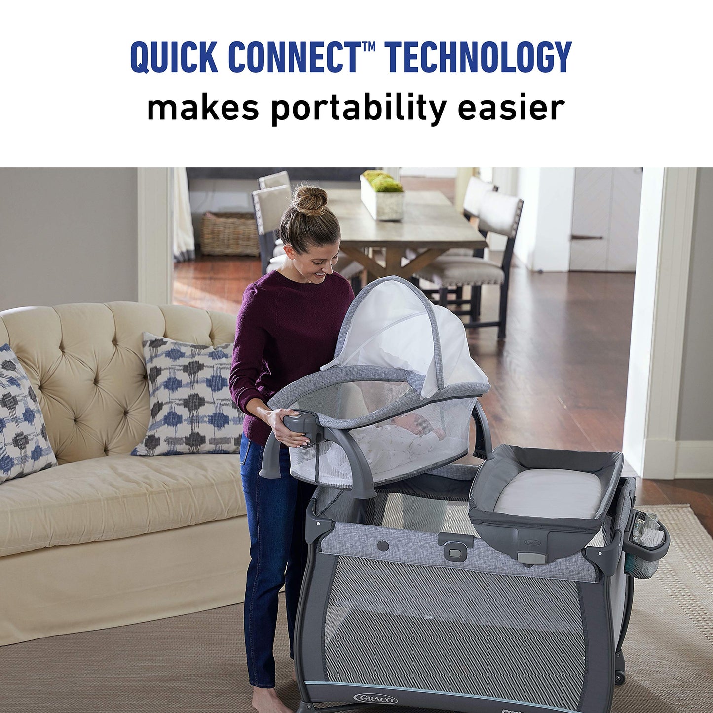 Graco On The Go Zip Pack ‘n Play Playard, Folding Playpen with Bassinet, Portable Crib, Reeves