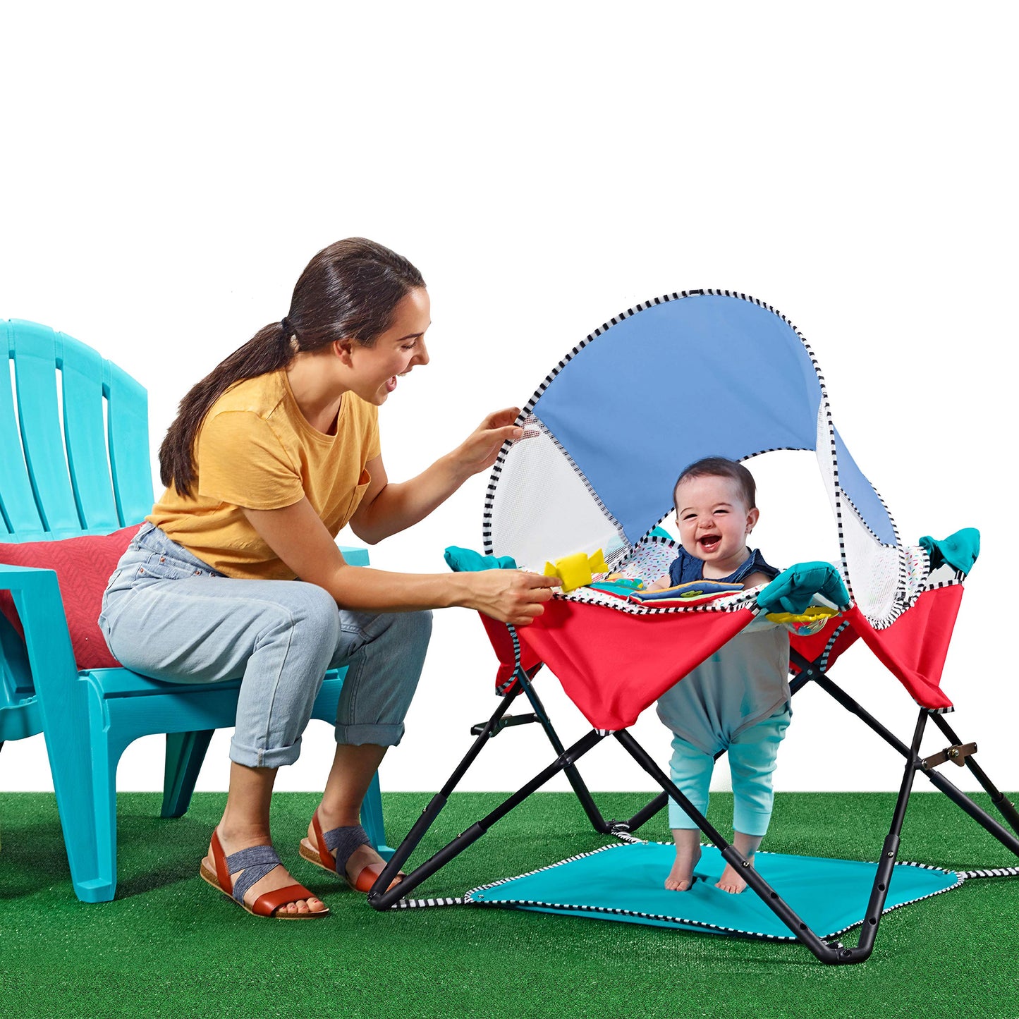 Bright Starts Pop 'N Jump Portable Activity Jumper, Indoor/Outdoor Use, Owl Forest with 4 Sensory Toys, Ages 6-12 Months