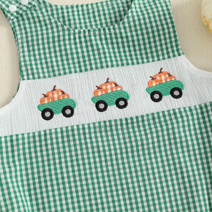 Baby Girl Pumpkin Embroidery Jumpsuit Halloween Sleeveless Round Neck Plaid Tank Romper