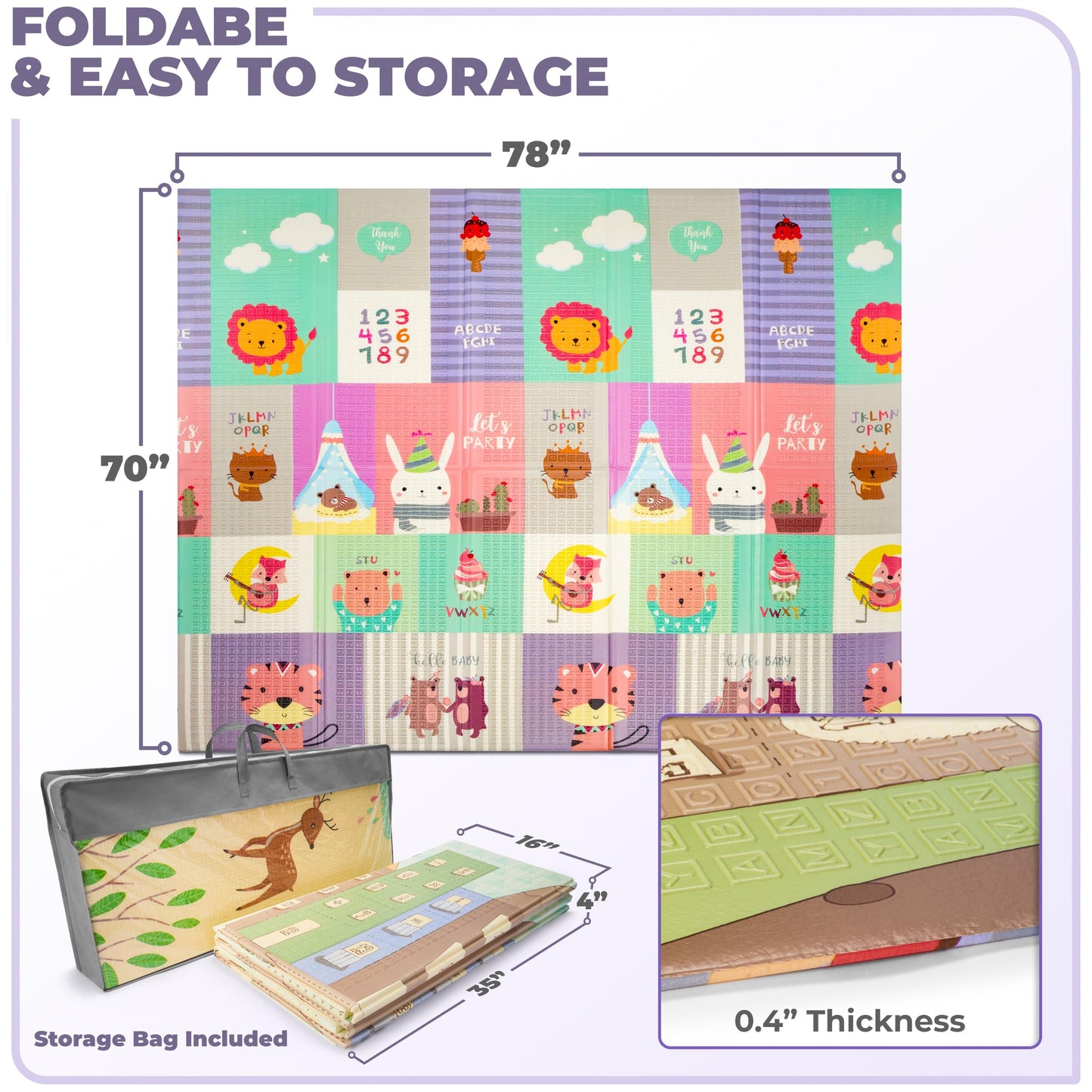 Sorbus Foldable Baby Play Mat, Kids Foam Mats for Floor with Travel Bag - Waterproof Foldable Play Mats for Babies, Infants, Toddlers, and Kids Playtime & Tummy Time 78x70x0.4 (Safari Party)