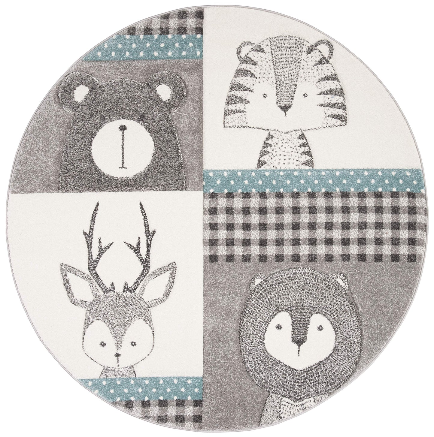 SAFAVIEH Carousel Kids Collection Area Rug - 5'3" Round, Grey & Ivory, Animal Design, Non-Shedding & Easy Care, Ideal for High Traffic Areas for Boys & Girls in Playroom, Nursery, Bedroom (CRK188B)