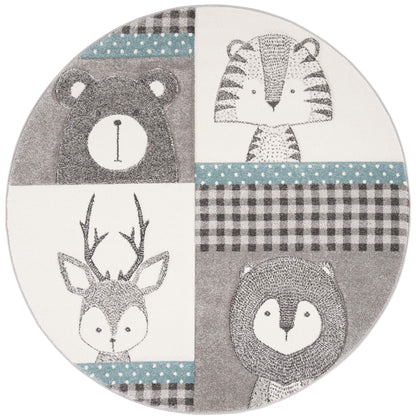 SAFAVIEH Carousel Kids Collection Area Rug - 5'3" Round, Grey & Ivory, Animal Design, Non-Shedding & Easy Care, Ideal for High Traffic Areas for Boys & Girls in Playroom, Nursery, Bedroom (CRK188B)