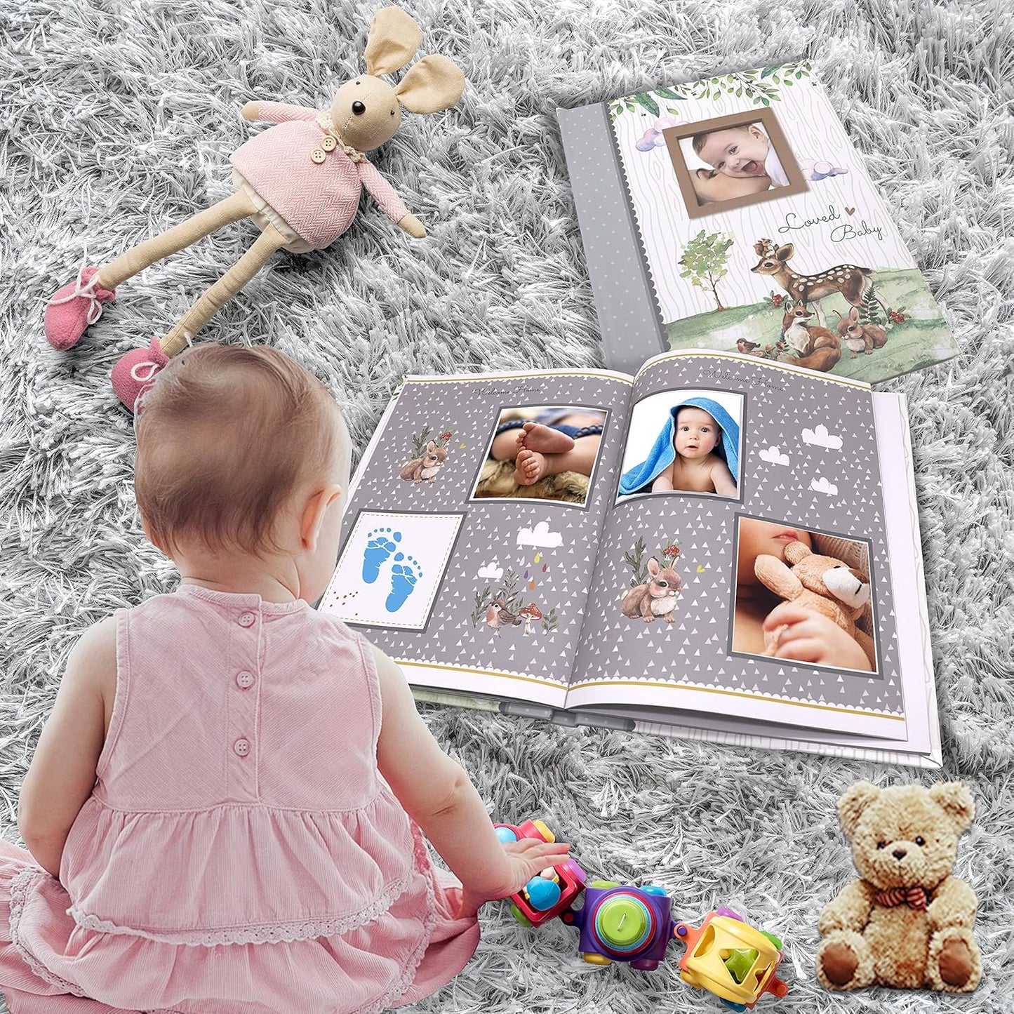 Holoary First 5 Years Baby Memory Book - 76 Colourful Illustrated Keepsake Journal Pages Record Book Album for Newborn Baby Boy or Girl, Woodland Animals Design