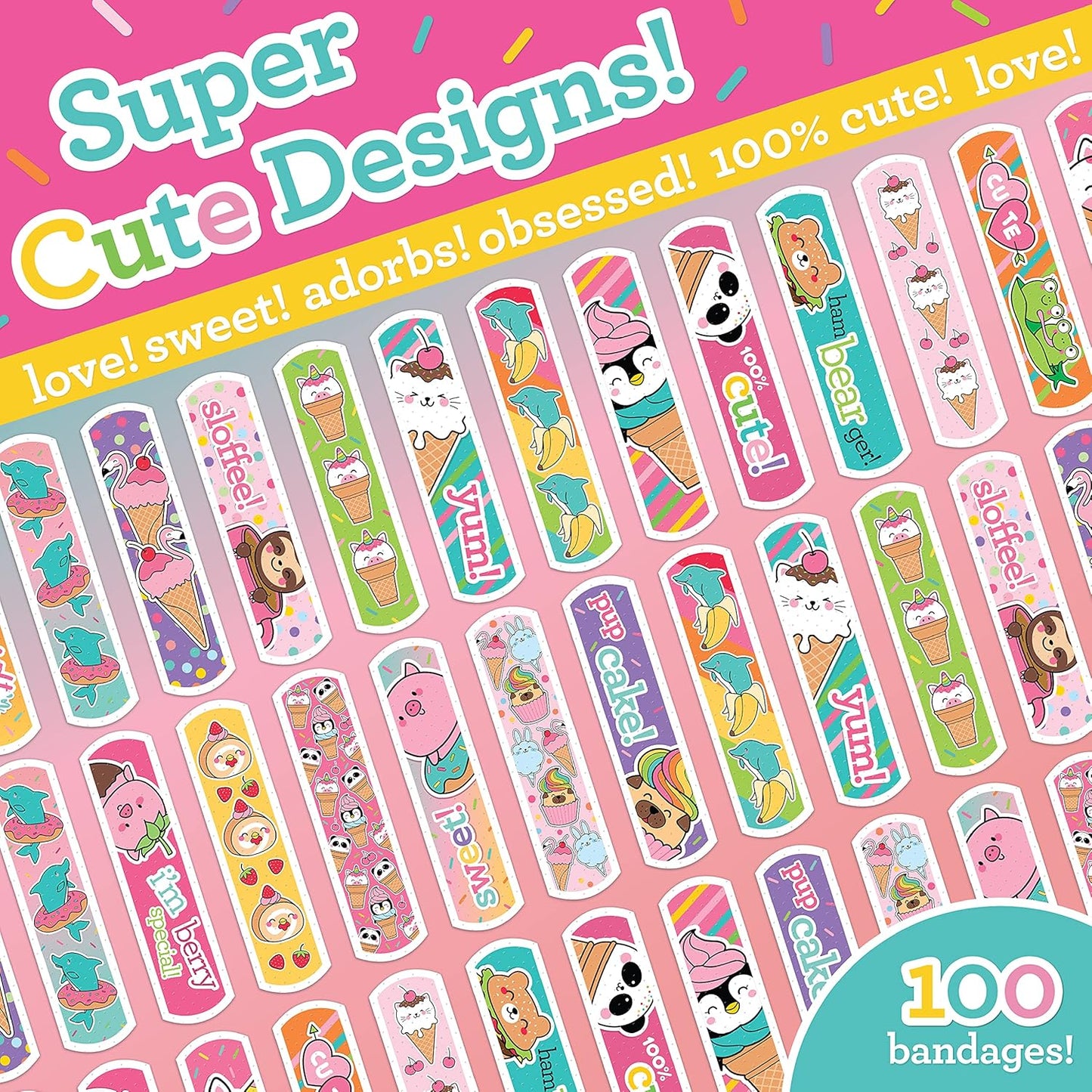 Yummy Animal Kids Bandages, 100 ct Super Cute Designs | Wear Like Stickers, Adhesive Bandages for Minor Cuts, Scrapes, Burns. Easter Basket Stuffers for Kids & Toddlers