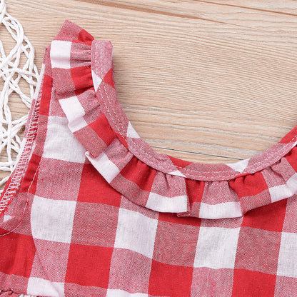 Baby Girls Plaid Ruffle Bowknot Tank Top+Denim Shorts Outfit with Headband