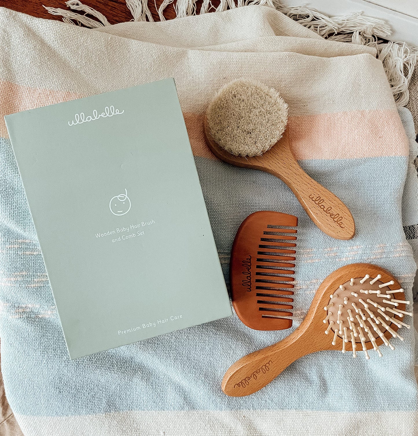 4 Piece Wooden Baby Hair Brush and Comb Set for Newborns & Toddlers in Chic Gift Box - Ultra Soft Natural Goat Hair and Wood Baby Brush Set Prevents Cradle Cap - Perfect Registry Gift (Pink)