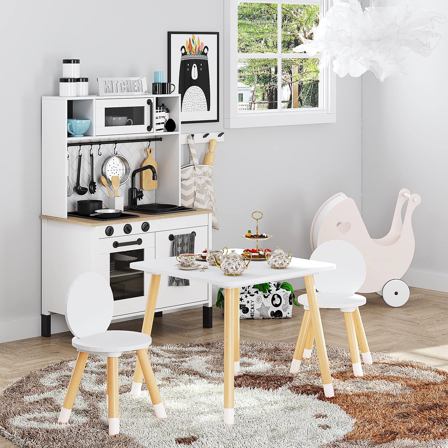 UTEX Kids Wood Table and Chair Set, Kids Play Table with 2 Chairs,3 Pieces Kids Round Table for Toddlers, Girls, Boys,White