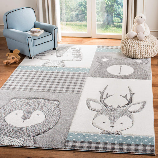SAFAVIEH Carousel Kids Collection Area Rug - 5'3" Round, Grey & Ivory, Animal Design, Non-Shedding & Easy Care, Ideal for High Traffic Areas for Boys & Girls in Playroom, Nursery, Bedroom (CRK188B)
