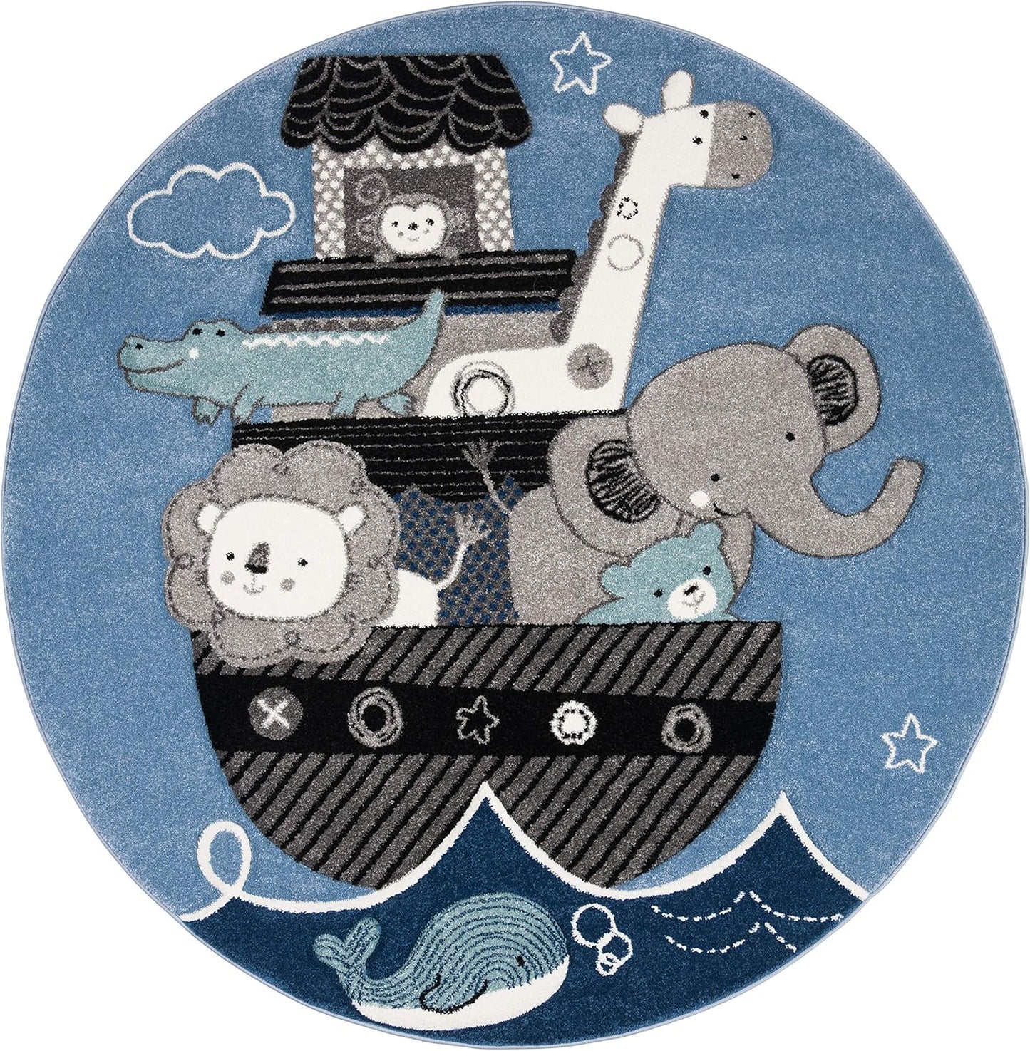 SAFAVIEH Carousel Kids Collection Area Rug - 5'3" Round, Blue & Grey, Animal Design, Non-Shedding & Easy Care, Ideal for High Traffic Areas for Boys & Girls in Playroom, Nursery, Bedroom (CRK121B)